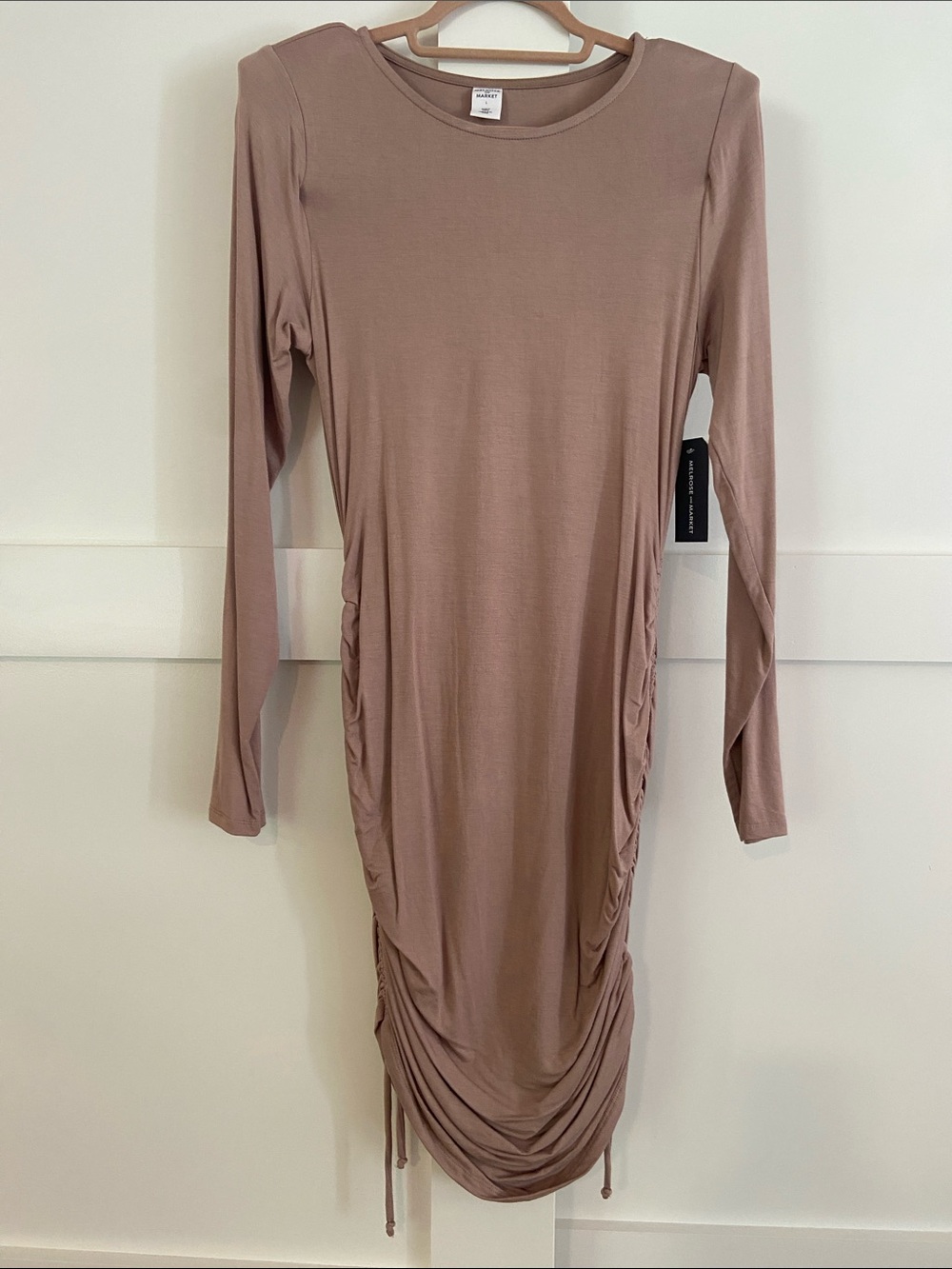 Melrose and Market Long Sleeve Ruched Midi Dress in Mauve-Taupe
